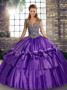 Purple Lace Up Straps Beading and Ruffled Layers Sweet 16 Dresses Taffeta Sleeveless