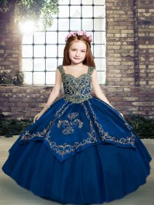 High Class Blue Straps Neckline Beading and Embroidery Little Girl Pageant Gowns Sleeveless Lace Up