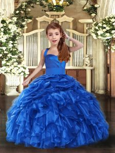 Straps Sleeveless Little Girls Pageant Dress Floor Length Ruffles Royal Blue Organza
