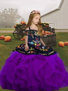Sleeveless Floor Length Embroidery and Ruffles Lace Up Child Pageant Dress with Purple