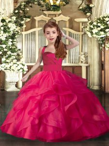 Ball Gowns Girls Pageant Dresses Coral Red Straps Organza Sleeveless Floor Length Lace Up