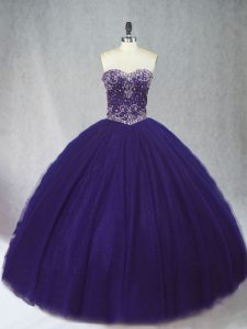 Deluxe Sleeveless Floor Length Beading Lace Up Quinceanera Dresses with Purple
