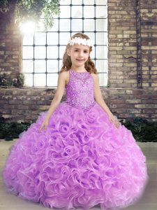 Floor Length Lilac Little Girl Pageant Gowns Fabric With Rolling Flowers Sleeveless Beading