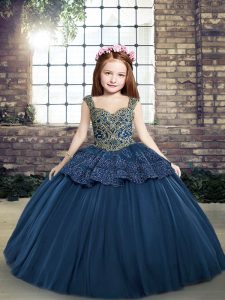 Hot Selling Navy Blue Ball Gowns Beading and Appliques High School Pageant Dress Lace Up Tulle Sleeveless Floor Length