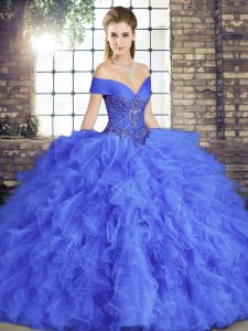 Chic Tulle Off The Shoulder Sleeveless Lace Up Beading and Ruffles Quince Ball Gowns in Blue