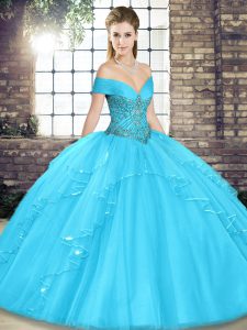 Amazing Floor Length Ball Gowns Sleeveless Aqua Blue Quinceanera Gowns Lace Up