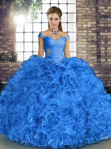 Enchanting Blue Vestidos de Quinceanera Military Ball and Sweet 16 and Quinceanera with Beading and Ruffles Off The Shoulder Sleeveless Lace Up