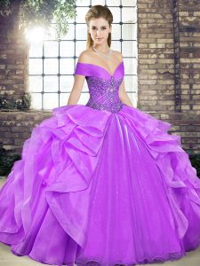 Off The Shoulder Sleeveless Lace Up Quinceanera Dresses Lavender Organza