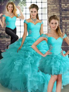 Stylish Aqua Blue Three Pieces Organza Off The Shoulder Sleeveless Beading and Ruffles and Pick Ups Floor Length Lace Up Quinceanera Dresses