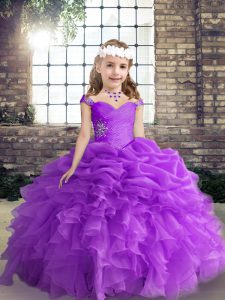 Perfect Purple Sleeveless Floor Length Beading and Ruffles and Pick Ups Lace Up Little Girls Pageant Dress Wholesale