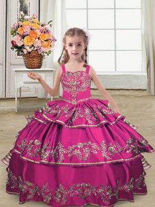 Fancy Fuchsia Ball Gowns Embroidery and Ruffled Layers Kids Pageant Dress Lace Up Satin Sleeveless Floor Length