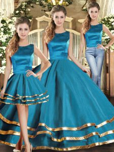 Three Pieces Quince Ball Gowns Teal Scoop Tulle Sleeveless Floor Length Lace Up