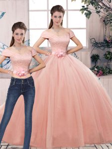Off The Shoulder Short Sleeves Lace Up Quinceanera Dresses Pink Tulle