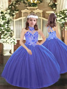 Pretty Floor Length Blue Little Girl Pageant Gowns Halter Top Sleeveless Lace Up