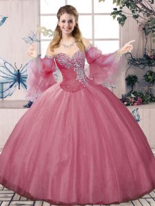 Pink Ball Gowns Beading and Ruching 15 Quinceanera Dress Lace Up Tulle Sleeveless Floor Length