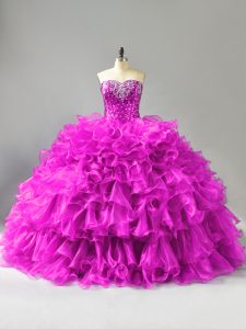 Sleeveless Organza Floor Length Lace Up Quinceanera Dress in Purple with Beading and Ruffles and Sequins