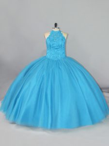 Tulle Halter Top Sleeveless Brush Train Lace Up Beading and Lace Quinceanera Dress in Aqua Blue