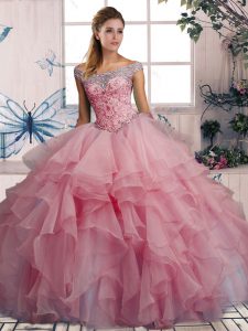 Ball Gowns 15th Birthday Dress Watermelon Red Off The Shoulder Organza Sleeveless Floor Length Lace Up