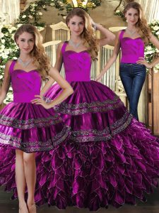Fabulous Floor Length Fuchsia Quince Ball Gowns Halter Top Sleeveless Lace Up