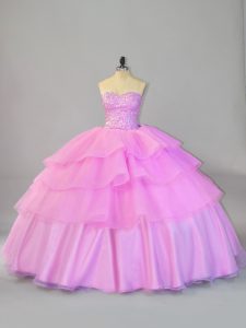 Floor Length Lace Up Quince Ball Gowns Lilac for Sweet 16 and Quinceanera with Ruffled Layers