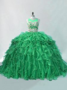 Flirting Green Two Pieces Beading and Ruffles Ball Gown Prom Dress Organza Sleeveless