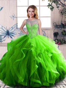 Green Scoop Neckline Beading and Ruffles Quinceanera Gown Sleeveless Lace Up