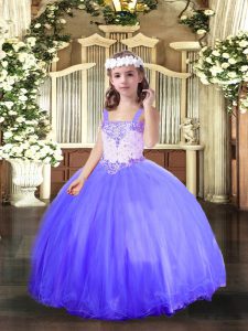 Nice Blue Lace Up Kids Pageant Dress Beading Sleeveless Floor Length