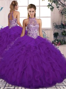 Suitable Halter Top Sleeveless Lace Up Ball Gown Prom Dress Purple Tulle