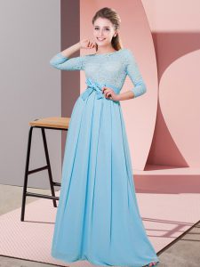 Fitting Floor Length Empire 3 4 Length Sleeve Baby Blue Dama Dress Side Zipper