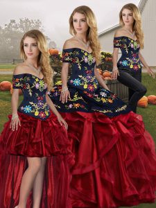 Floor Length Red And Black Quinceanera Gown Off The Shoulder Sleeveless Lace Up