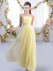Strapless Sleeveless Vestidos de Damas Sweep Train Beading Yellow Chiffon