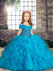 Fashionable Baby Blue Tulle Lace Up Straps Sleeveless Floor Length Little Girls Pageant Dress Beading and Ruffles