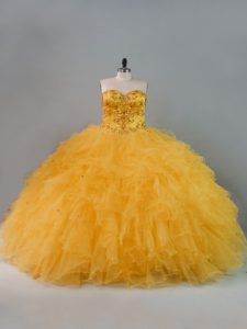 Sweetheart Sleeveless Quinceanera Dresses Floor Length Beading and Ruffles Gold Tulle