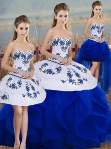 Hot Selling Embroidery and Ruffles and Bowknot Quinceanera Gowns Royal Blue Lace Up Sleeveless Floor Length