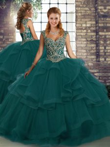 Tulle Straps Sleeveless Lace Up Beading and Ruffles Sweet 16 Dresses in Peacock Green