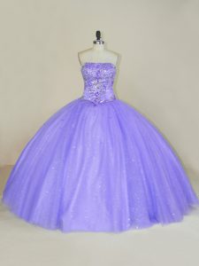 Beautiful Strapless Sleeveless Lace Up Quinceanera Dresses Lavender Tulle