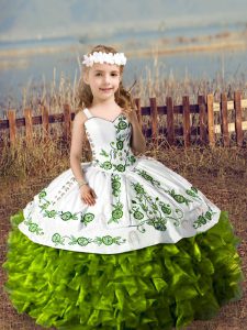 Amazing Embroidery and Ruffles Little Girl Pageant Gowns Olive Green Lace Up Sleeveless Floor Length