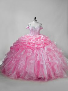 Great Lace Up Quinceanera Gowns Pink for Sweet 16 and Quinceanera with Beading and Ruffles and Pick Ups Brush Train