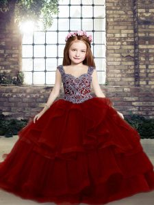 Classical Sleeveless Tulle Floor Length Lace Up Little Girl Pageant Dress in Red with Beading and Ruffles
