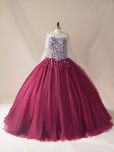 Pretty Scoop Long Sleeves Brush Train Lace Up Sweet 16 Quinceanera Dress Burgundy Tulle