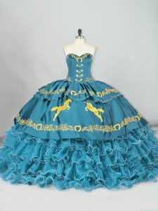 Teal Ball Gowns Satin and Organza Sweetheart Sleeveless Embroidery and Ruffled Layers Lace Up Quinceanera Dresses Brush Train