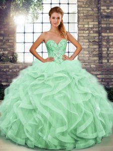 Elegant Apple Green Ball Gowns Tulle Sweetheart Sleeveless Beading and Ruffles Floor Length Lace Up Quinceanera Gowns