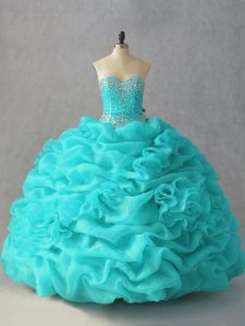 Elegant Aqua Blue Organza Lace Up Quinceanera Gowns Sleeveless Floor Length Beading and Pick Ups and Hand Made Flower