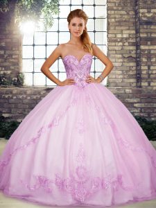 Sleeveless Floor Length Beading and Embroidery Lace Up Quince Ball Gowns with Lilac