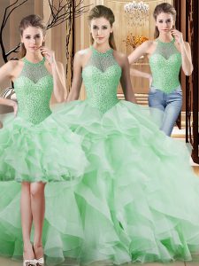 Apple Green Sweet 16 Quinceanera Dress Sweet 16 and Quinceanera with Beading and Ruffles Halter Top Sleeveless Brush Train Lace Up