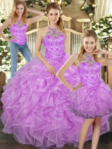 Fitting Floor Length Lilac Quinceanera Gowns Halter Top Sleeveless Lace Up