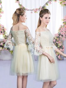 Champagne Tulle Lace Up Damas Dress 3 4 Length Sleeve Mini Length Lace and Bowknot