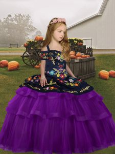Embroidery and Ruffled Layers Child Pageant Dress Purple Lace Up Sleeveless Floor Length