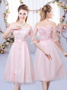 Artistic Tea Length Baby Pink Vestidos de Damas Tulle Half Sleeves Lace and Belt