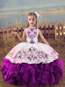 Purple Ball Gowns Scoop Sleeveless Organza Floor Length Lace Up Embroidery and Ruffles Child Pageant Dress